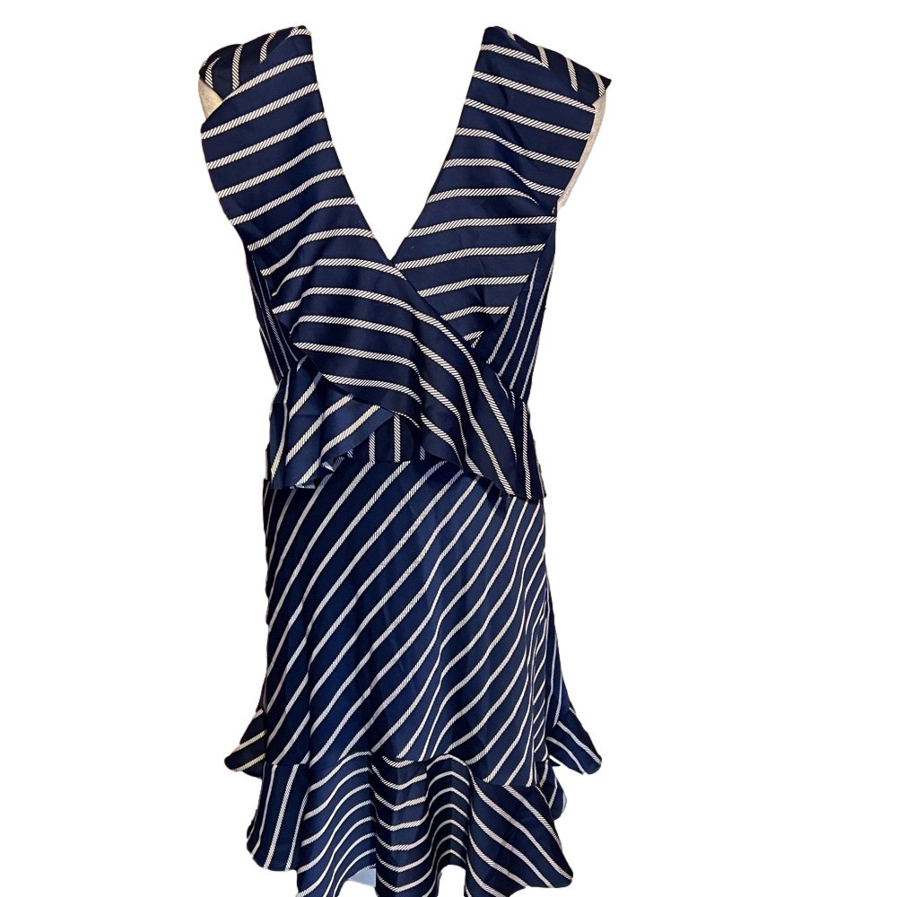 Banana Republic Size 10 Ruffle Hem V Neck Dress Navy Blue Stripe Womens
